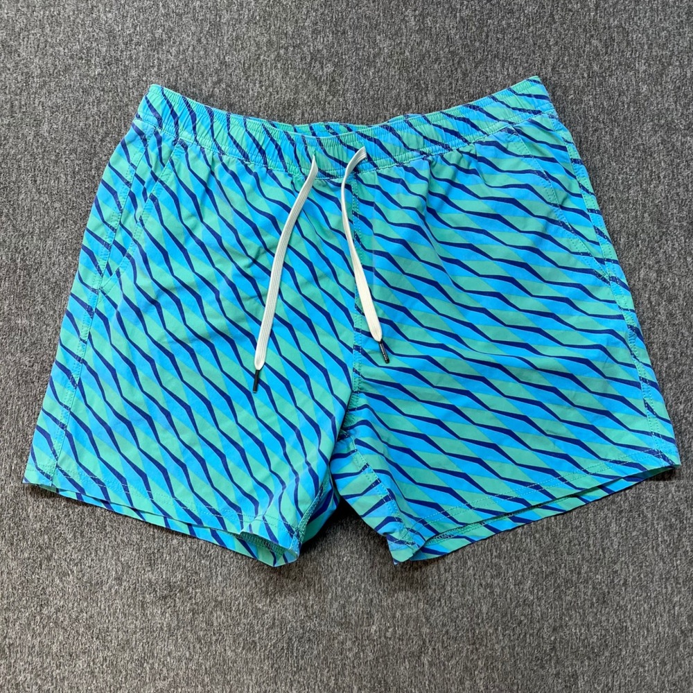 Fair Harbor Mens Teal Blue Geometric Wave Print Swim Trunks Board Shorts Large